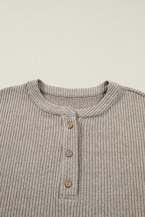 Ribbed Knit Solid Henley Kangaroo Pocket Long Sleeve Top