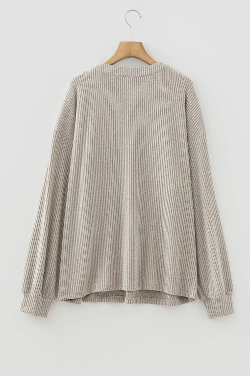 Ribbed Knit Solid Henley Kangaroo Pocket Long Sleeve Top