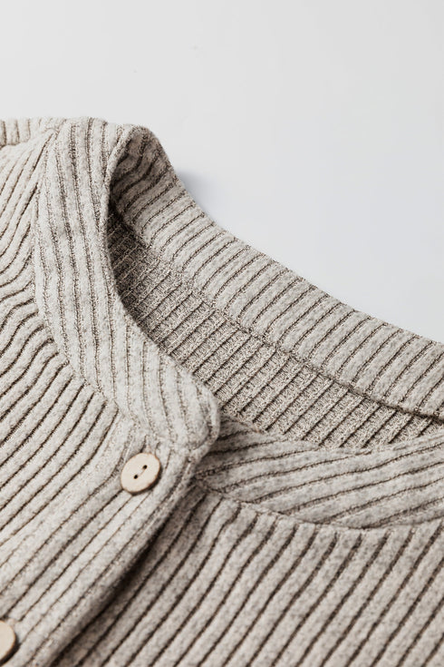 Ribbed Knit Solid Henley Kangaroo Pocket Long Sleeve Top