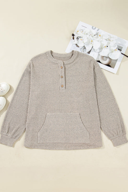 Ribbed Knit Solid Henley Kangaroo Pocket Long Sleeve Top