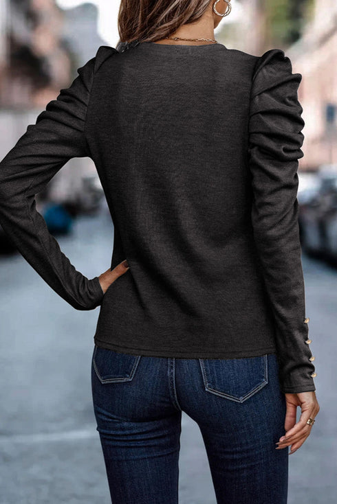 Ribbed Knit Square Neck Puff Long Sleeve Top
