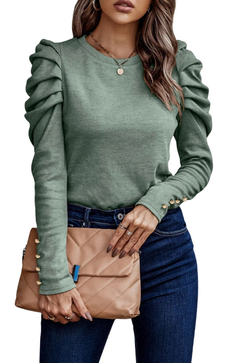 Ribbed Knit Square Neck Puff Long Sleeve Top