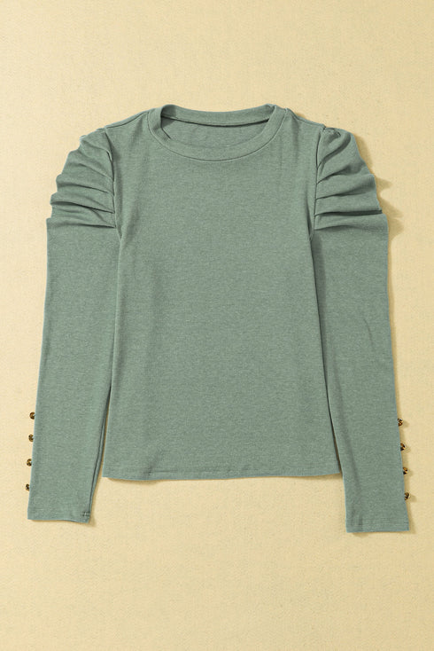 Ribbed Knit Square Neck Puff Long Sleeve Top