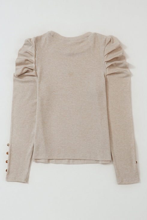 Ribbed Knit Square Neck Puff Long Sleeve Top