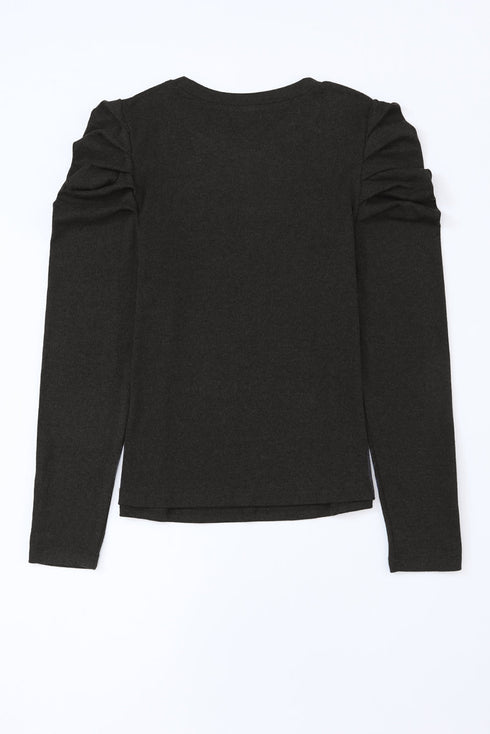 Ribbed Knit Square Neck Puff Long Sleeve Top