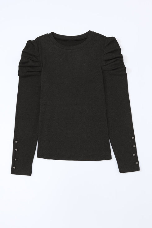 Ribbed Knit Square Neck Puff Long Sleeve Top