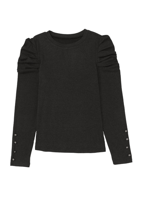 Ribbed Knit Square Neck Puff Long Sleeve Top