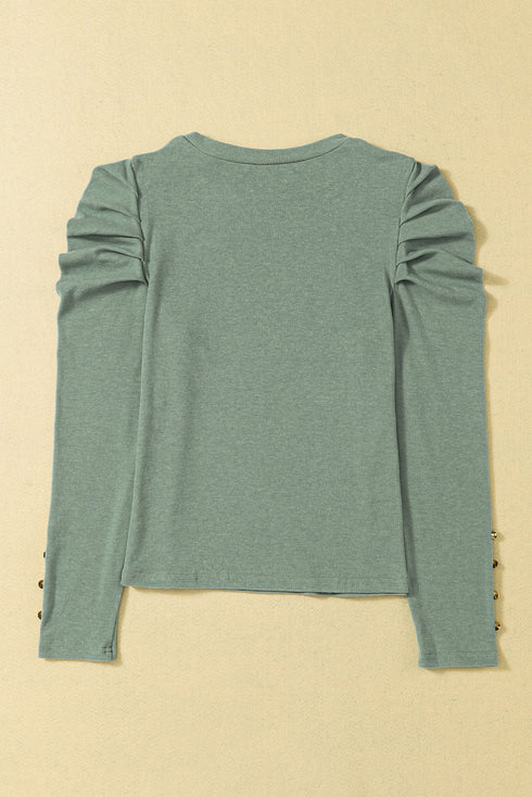 Ribbed Knit Square Neck Puff Long Sleeve Top