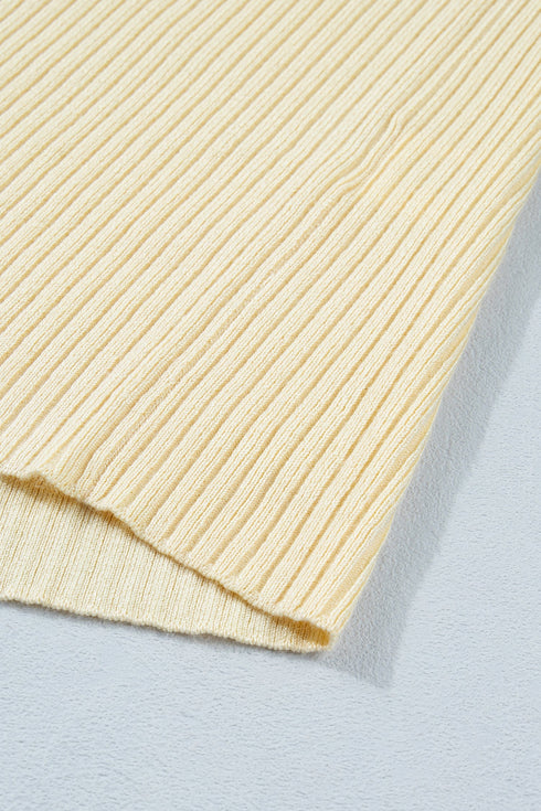 Ribbed Knit Striped Trim V Neck Short Sleeve Sweater