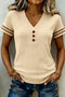 Ribbed Knit Striped Trim V Neck Short Sleeve Sweater