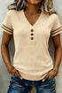 Ribbed Knit Striped Trim V Neck Short Sleeve Sweater