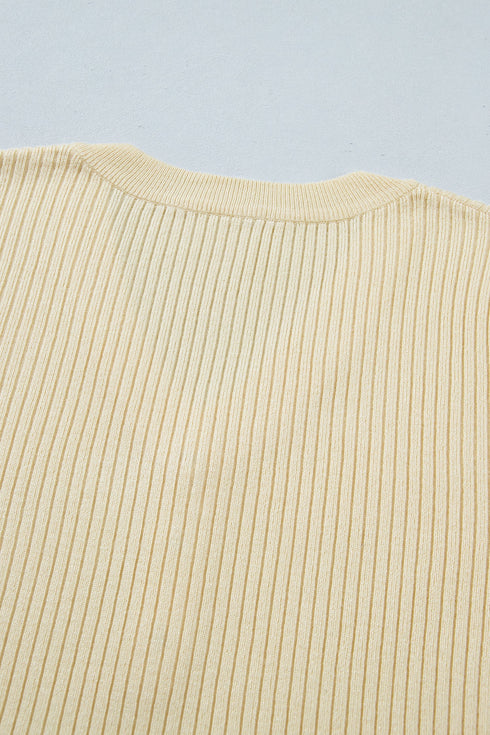 Ribbed Knit Striped Trim V Neck Short Sleeve Sweater