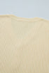 Ribbed Knit Striped Trim V Neck Short Sleeve Sweater