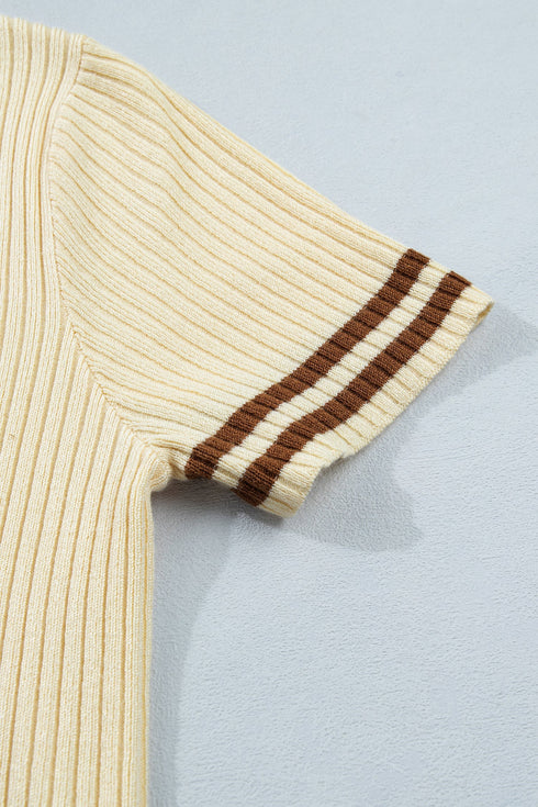 Ribbed Knit Striped Trim V Neck Short Sleeve Sweater