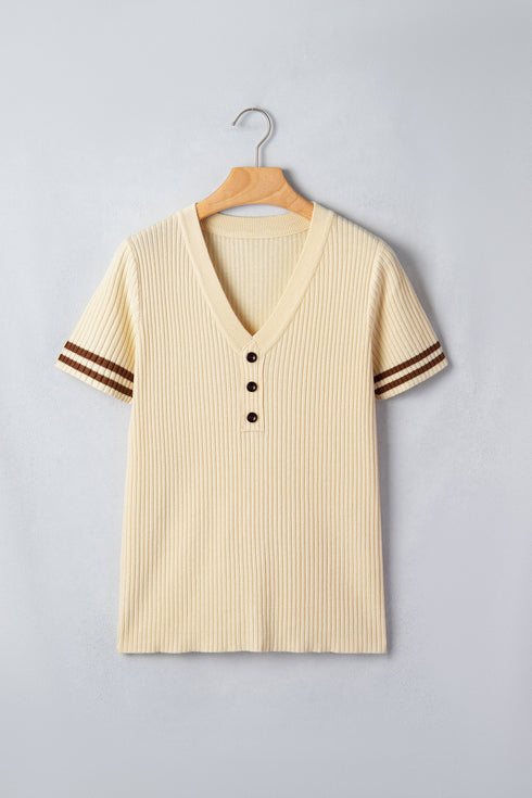 Ribbed Knit Striped Trim V Neck Short Sleeve Sweater
