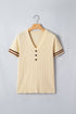 Ribbed Knit Striped Trim V Neck Short Sleeve Sweater