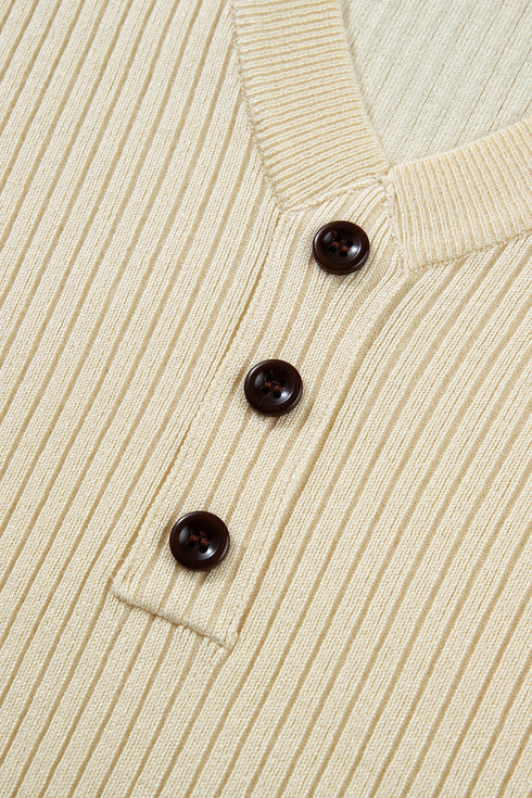 Ribbed Knit Striped Trim V Neck Short Sleeve Sweater