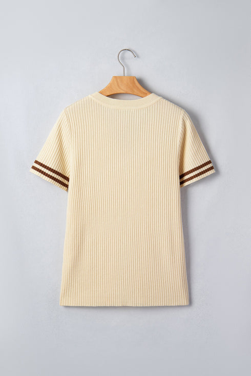 Ribbed Knit Striped Trim V Neck Short Sleeve Sweater