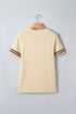 Ribbed Knit Striped Trim V Neck Short Sleeve Sweater