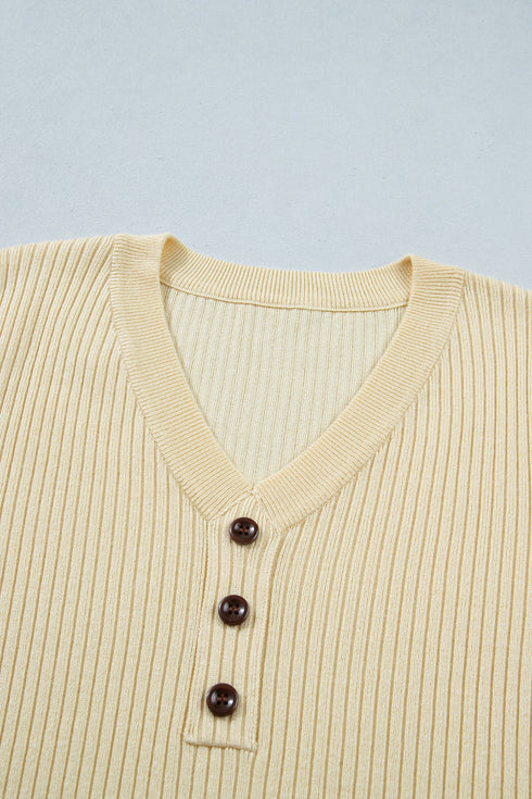 Ribbed Knit Striped Trim V Neck Short Sleeve Sweater