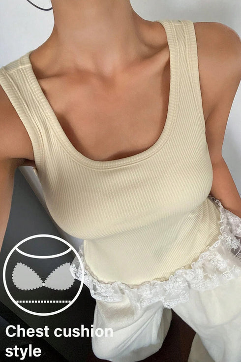 Ribbed Knit Sweet Lace Hem Tank Top