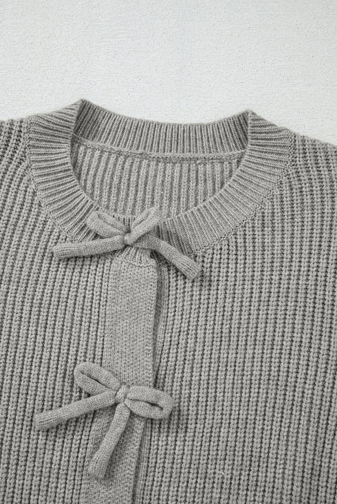 Ribbed Knit Tie Front Bow Detail Cardigan