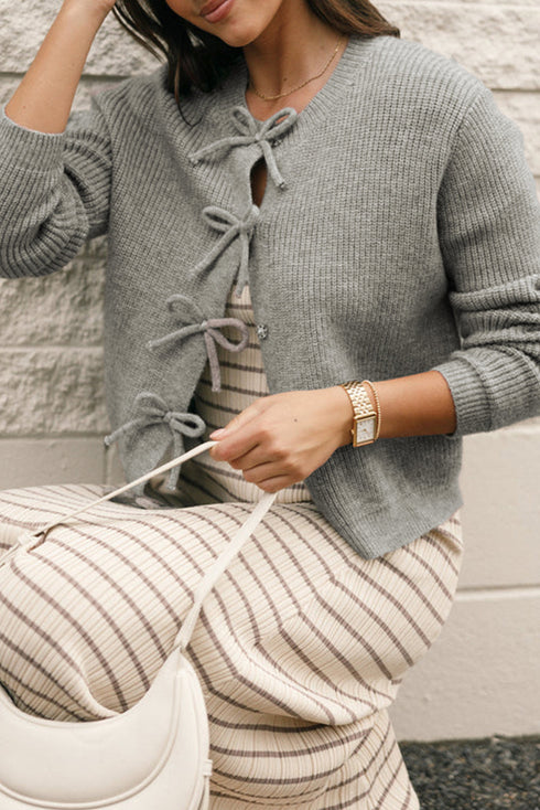 Ribbed Knit Tie Front Bow Detail Cardigan