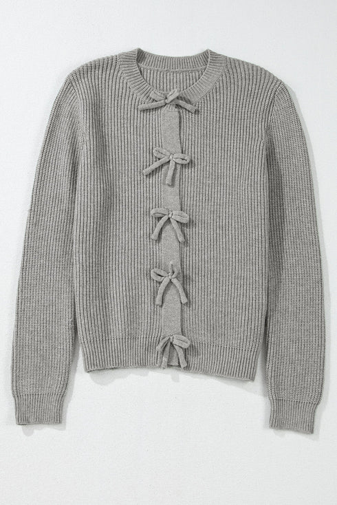 Ribbed Knit Tie Front Bow Detail Cardigan