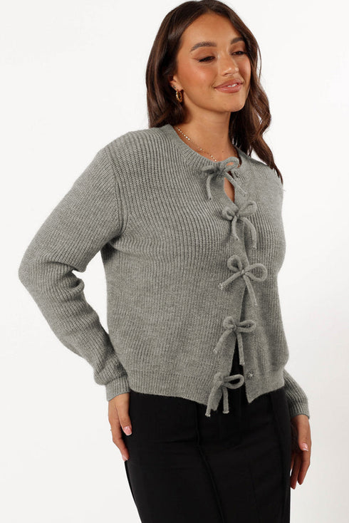 Ribbed Knit Tie Front Bow Detail Cardigan