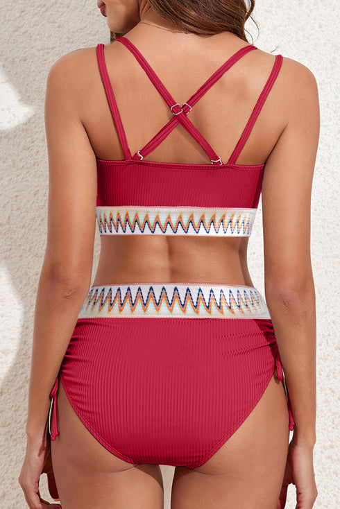 Ribbed Knit Tribal Print Two Piece High Waisted Swimsuit