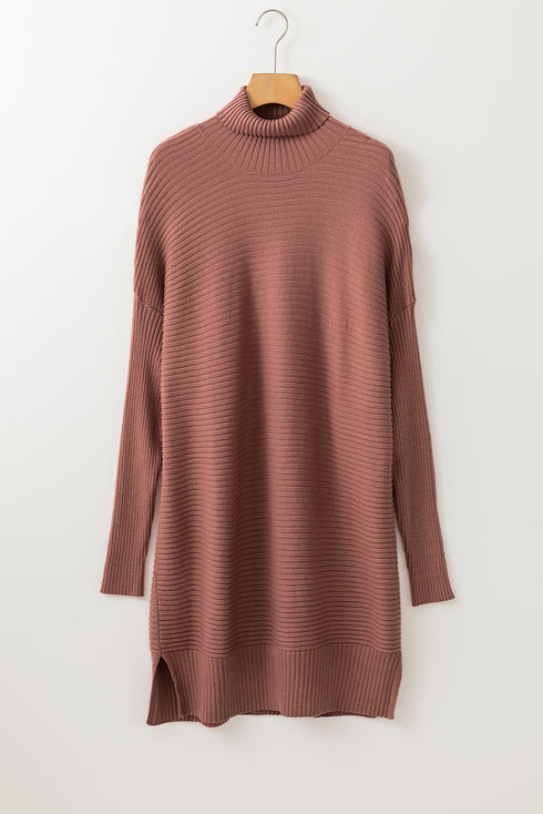 Ribbed Knit Turtleneck Drop Shoulder Tunic Sweater