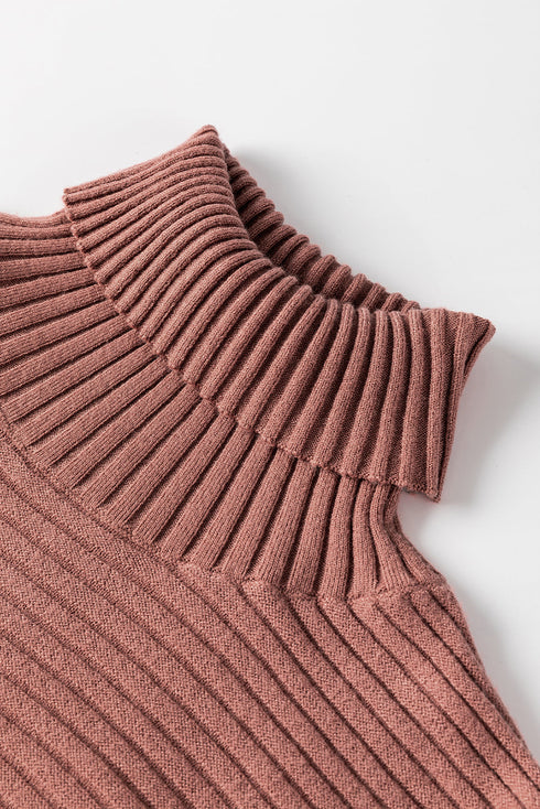 Ribbed Knit Turtleneck Drop Shoulder Tunic Sweater