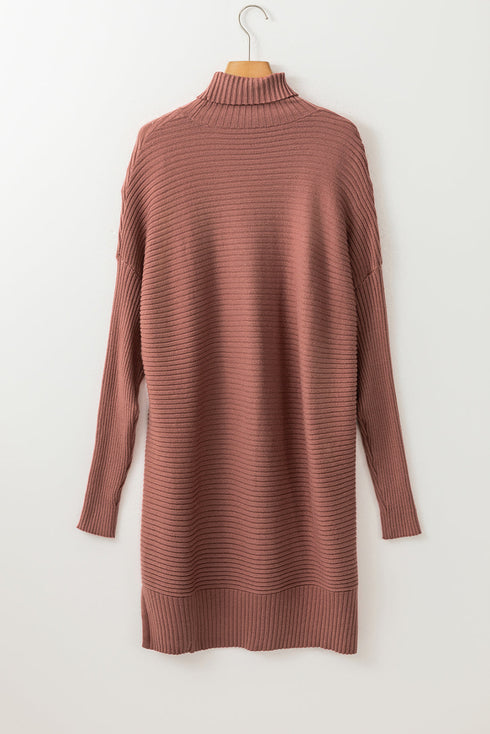 Ribbed Knit Turtleneck Drop Shoulder Tunic Sweater