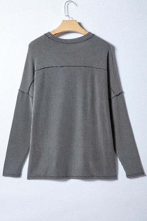 Ribbed Knit Twist Front Exposed Seam Long Sleeve Top