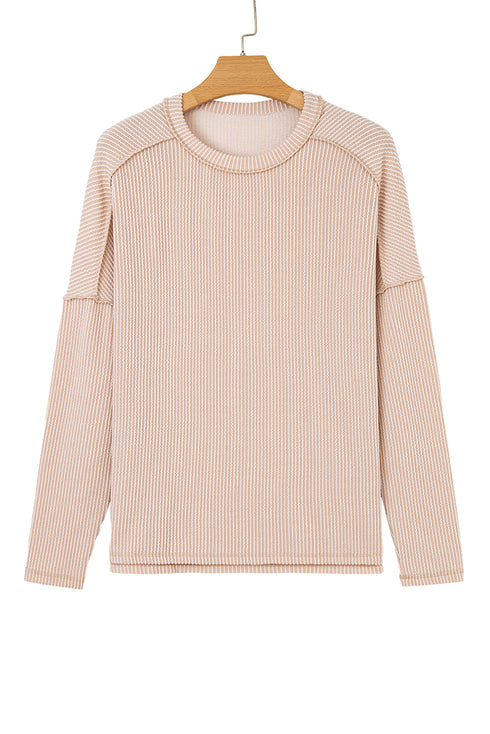 Ribbed Knit Twist Front Exposed Seam Long Sleeve Top