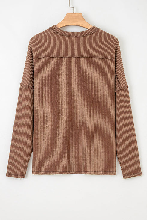 Ribbed Knit Twist Front Exposed Seam Long Sleeve Top