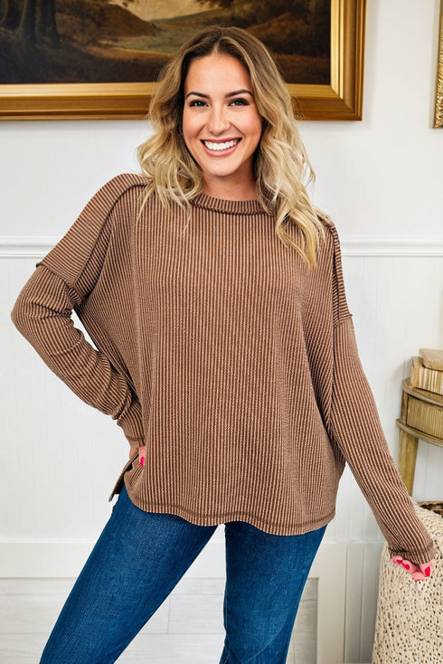 Ribbed Knit Twist Front Exposed Seam Long Sleeve Top