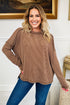 Ribbed Knit Twist Front Exposed Seam Long Sleeve Top