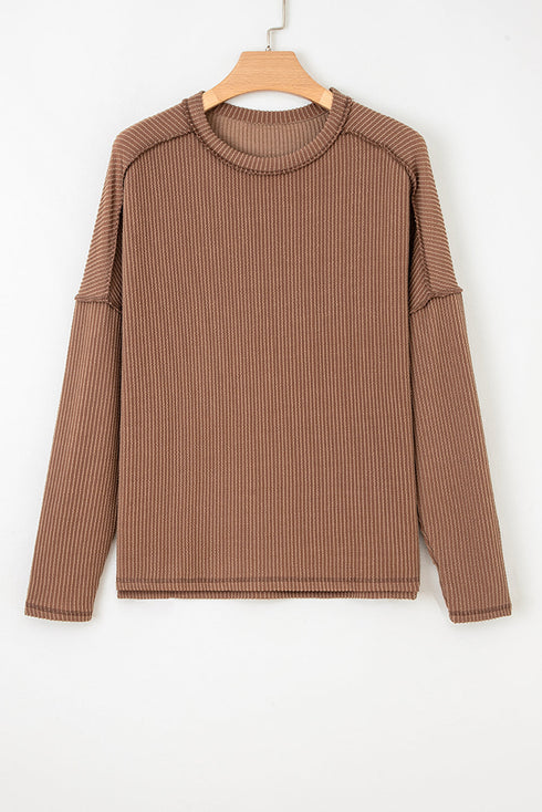 Ribbed Knit Twist Front Exposed Seam Long Sleeve Top