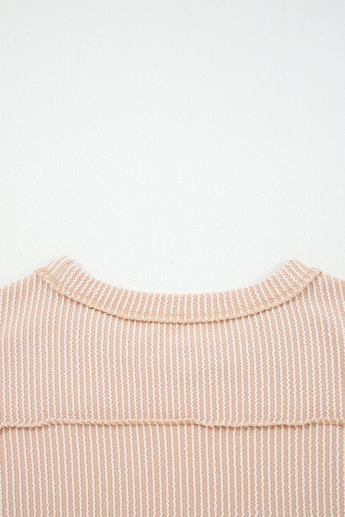 Ribbed Knit Twist Front Exposed Seam Long Sleeve Top