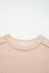 Ribbed Knit Twist Front Exposed Seam Long Sleeve Top