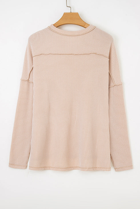 Ribbed Knit Twist Front Exposed Seam Long Sleeve Top