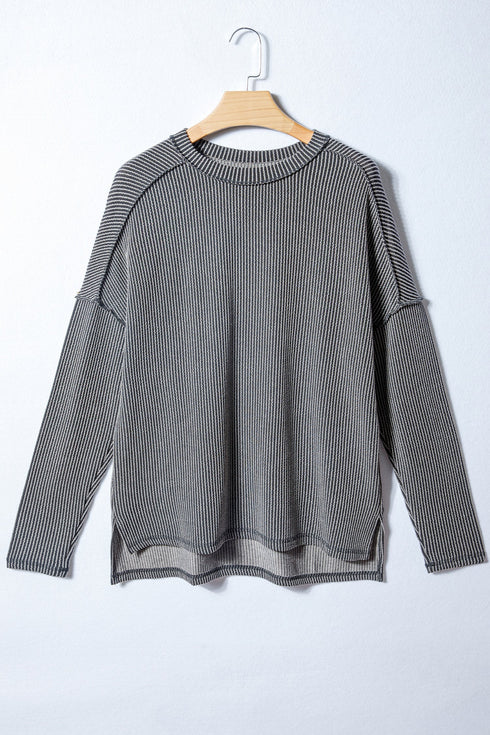 Ribbed Knit Twist Front Exposed Seam Long Sleeve Top