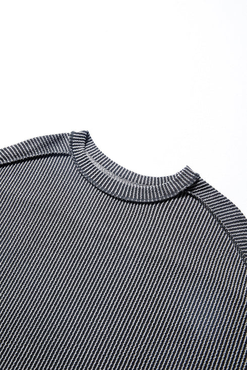 Ribbed Knit Twist Front Exposed Seam Long Sleeve Top