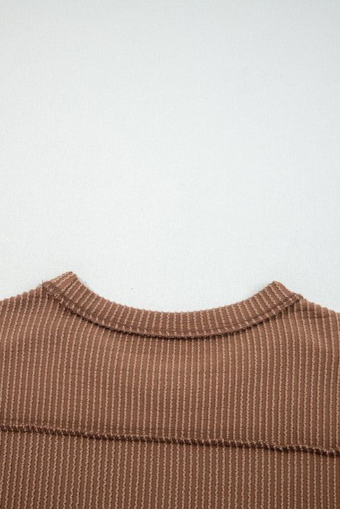 Ribbed Knit Twist Front Exposed Seam Long Sleeve Top