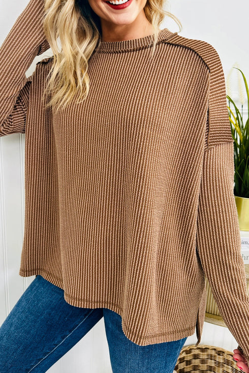 Ribbed Knit Twist Front Exposed Seam Long Sleeve Top