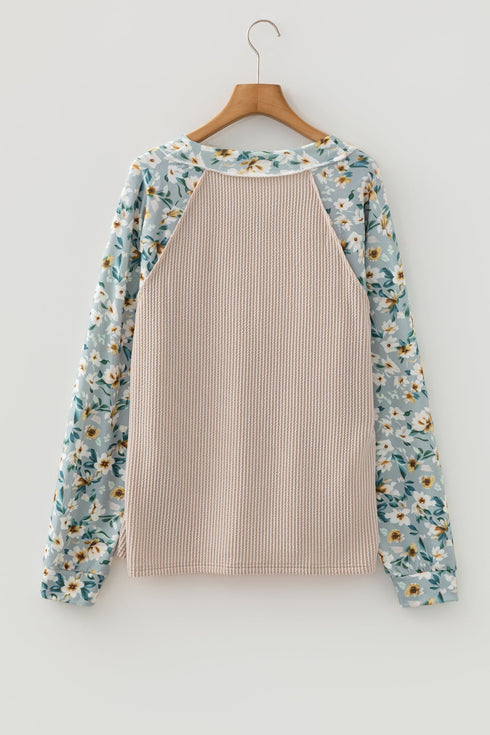 Ribbed Knit Twist Front Floral Contrast Sleeve Top