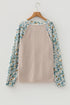 Ribbed Knit Twist Front Floral Contrast Sleeve Top
