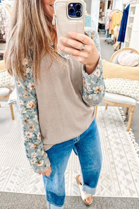 Ribbed Knit Twist Front Floral Contrast Sleeve Top
