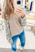 Ribbed Knit Twist Front Floral Contrast Sleeve Top